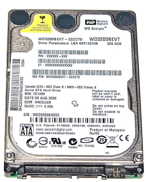 Hard Drive Festplatte 2,5" SATA WD Scorpio 320GB WD3200BEVT-22ZCTO-0